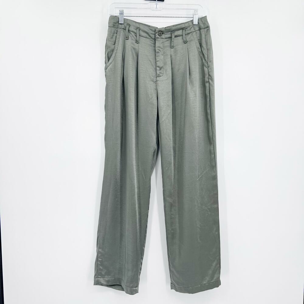 Vintage Havana Satin Pleated Wide Leg Pants Sage Green Trouser M Luxe Elevated - Picture 4 of 13